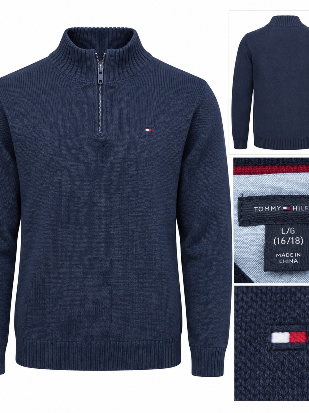 Tommy Hilfiger Navy Half-Zip Mock Neck Sweater with Flag Logo